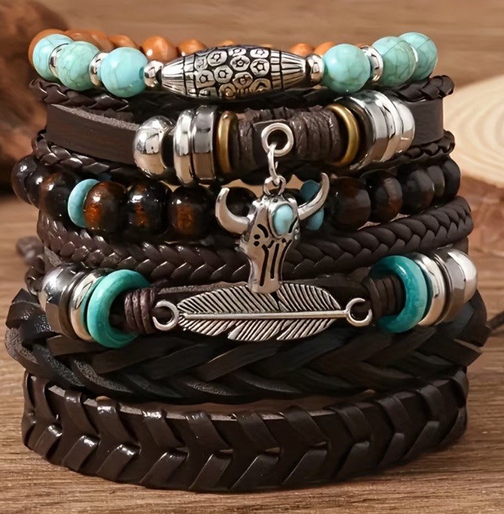 6 PC Leather Western Punk Bracelet Stackable Adjustable Tie New Free Ship C114