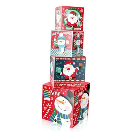 Christmas Gift Box with Lid - 4-Pack Stackable Square Christmas C (Pack of 4)