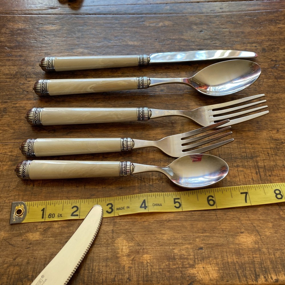 Cambridge Stainless Steel Flatware Cabaret Ivory Marbled Plastic Handle 30 PCS