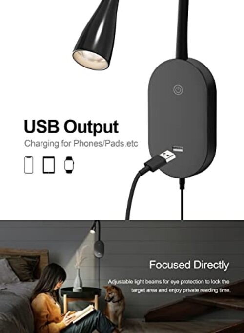 LED Wall Mount Reading Light for Bed, Reading Lamp with USB Output 5 Black