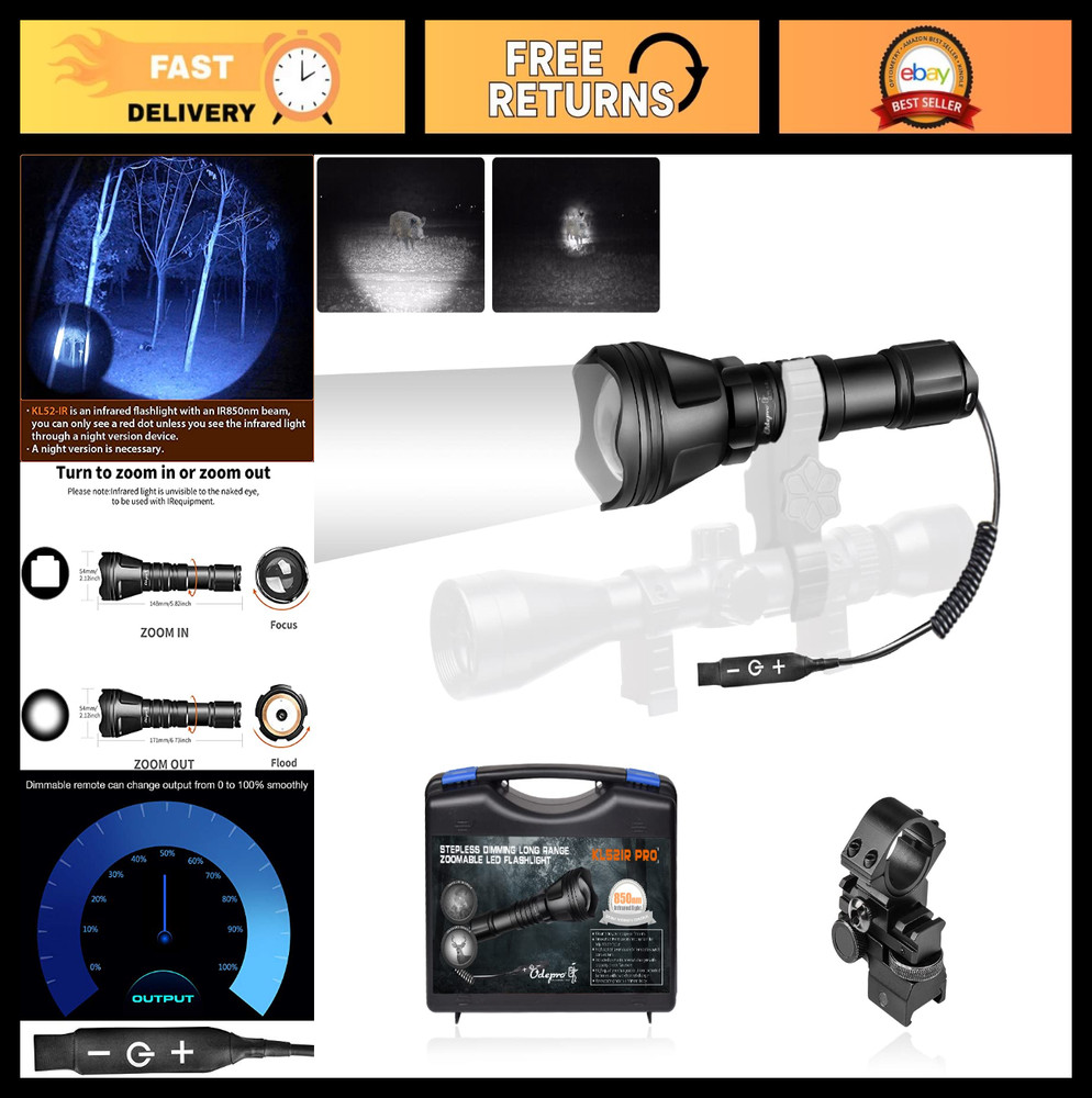 850nm IR Illuminator Flashlight for Night Vision, Adjustable Focus, Stepless Dim