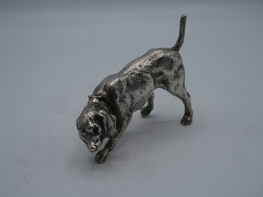 RARE SOLID SILVER NATURAL DOG FIGURE BOX FIGURINE