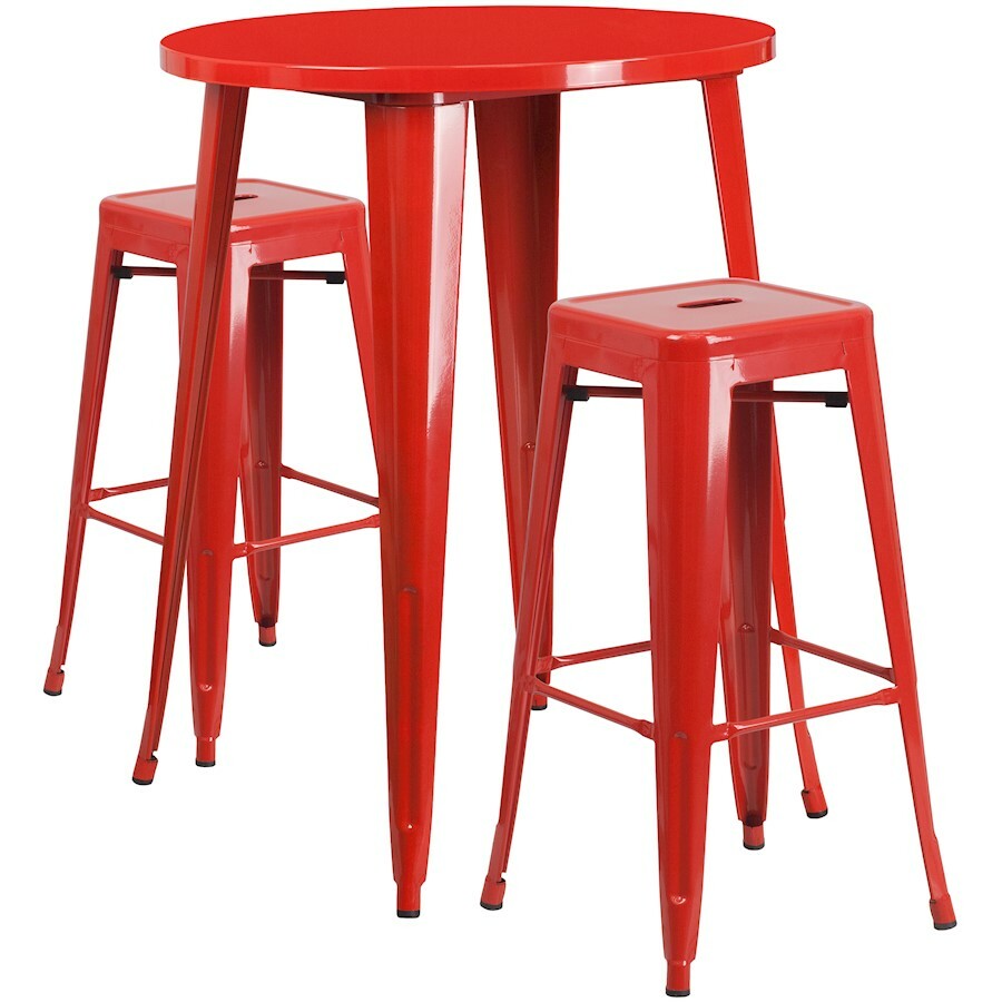 Flash Commercial Grade 30" Round Red Metal Bar Table Set & 2 Backless Stools