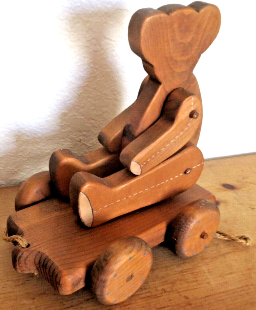 Vintage Jointed Wooden Bear Pull Toy ~ Wheels turn & pull string ~ Base Swivels