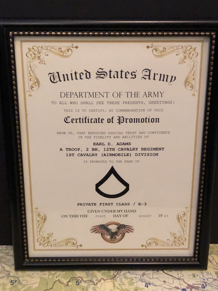 PRIVATE FIRST CLASS (E-3) U.S. Army ~ Commemorative Promotion Certificate