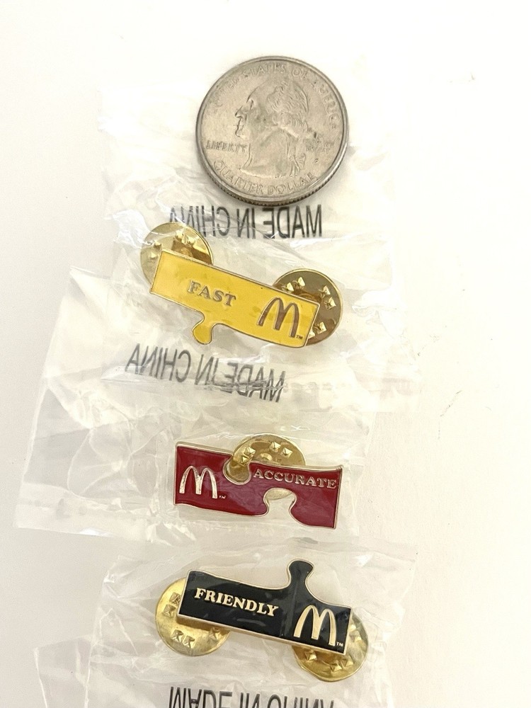 McDonald’s Button Lapel Hat/Shirt Pins Assorted Fast-Accurate-Friendly, 3PC Set