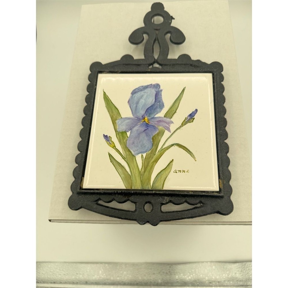 Vintage Hand-Painted Ceramic Trivet Blue Iris Design Kitchen Decor KS
