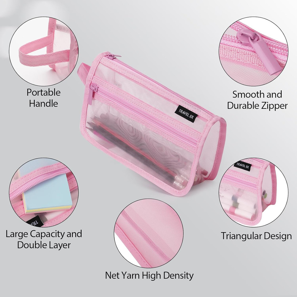 2-Pack Grid Mesh Pencil Case with Handle and Zipper, Double Layer Clear Pencil P