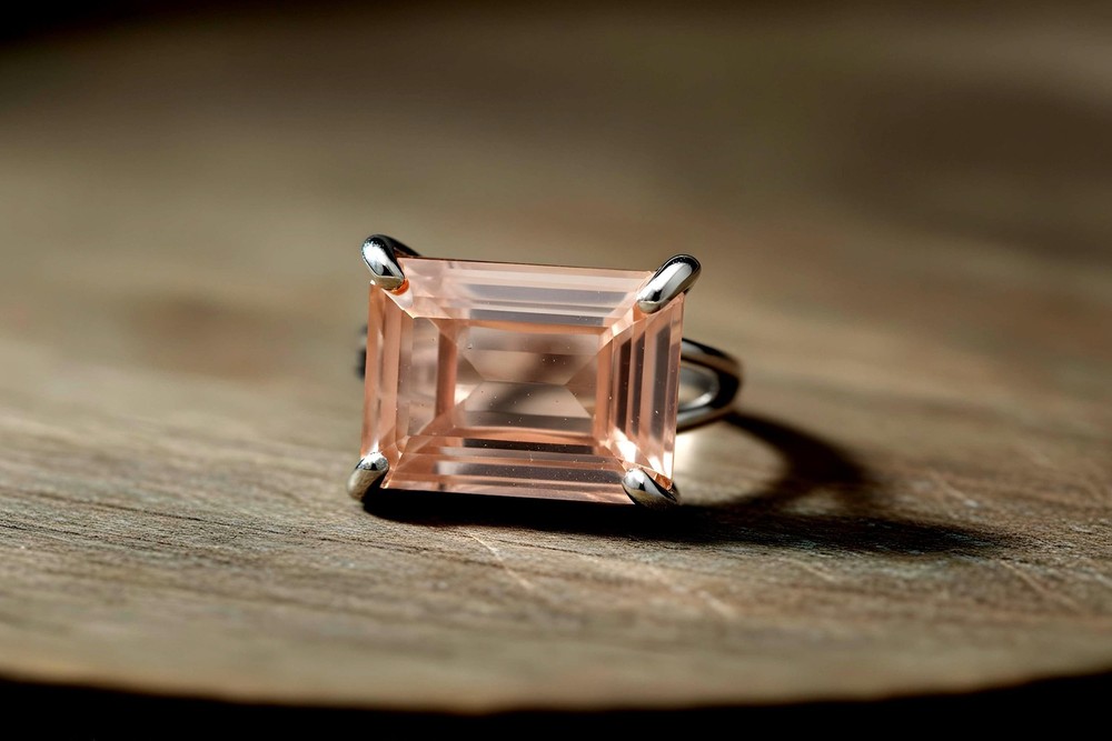 Morganite Ring Anemone 18k Peach Gold Emerald Cut Rectangular Stone