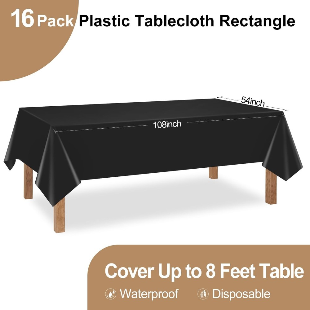 Black 16 Pack 54 x 108 Inch Plastic Tablecloths, Disposable Rectangle Tablecl...