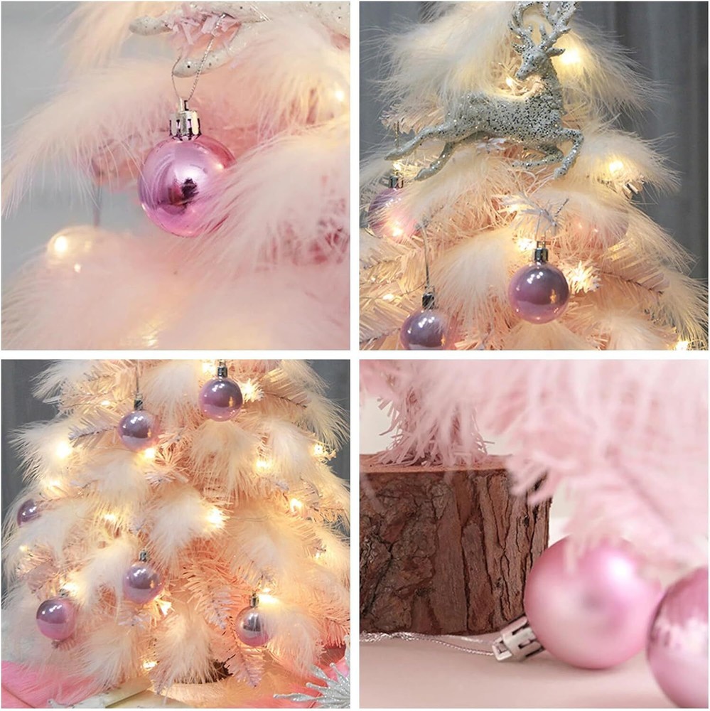 Mini Christmas Tree Tabletop Artificial Tree with Feather Leaf LED String Lights