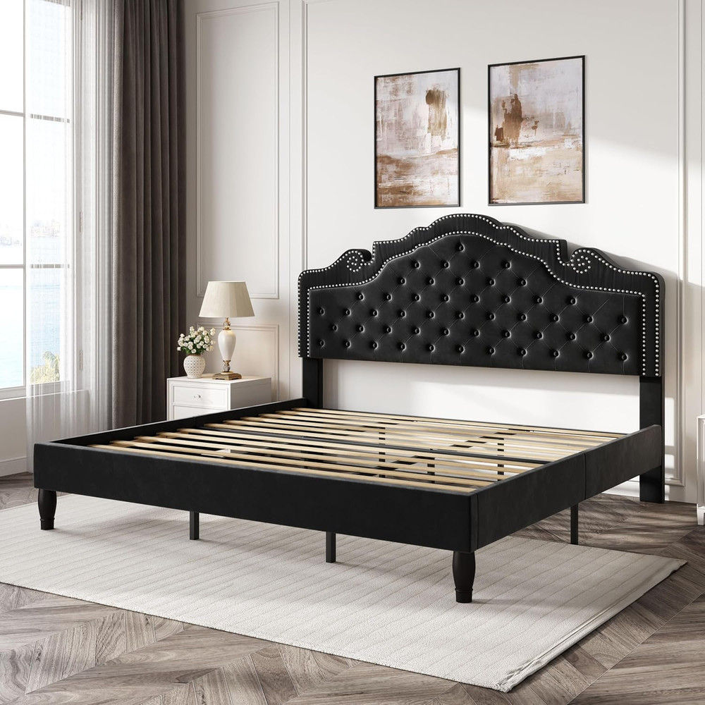 King Size Platfrom Bed Frame with Adjustable Headboard/Velvet Upholstered Diamon