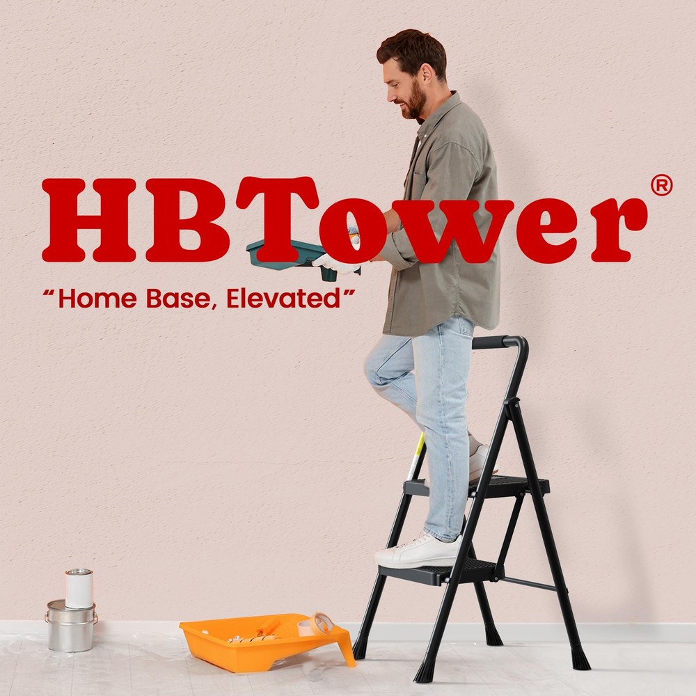 HBTower Step Ladder, Folding Stool with Wide 2 Black