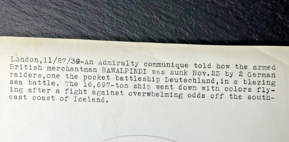 1939 IMAGE PRESS RELEASE: HMS RAWALPINDI SUNK FP486