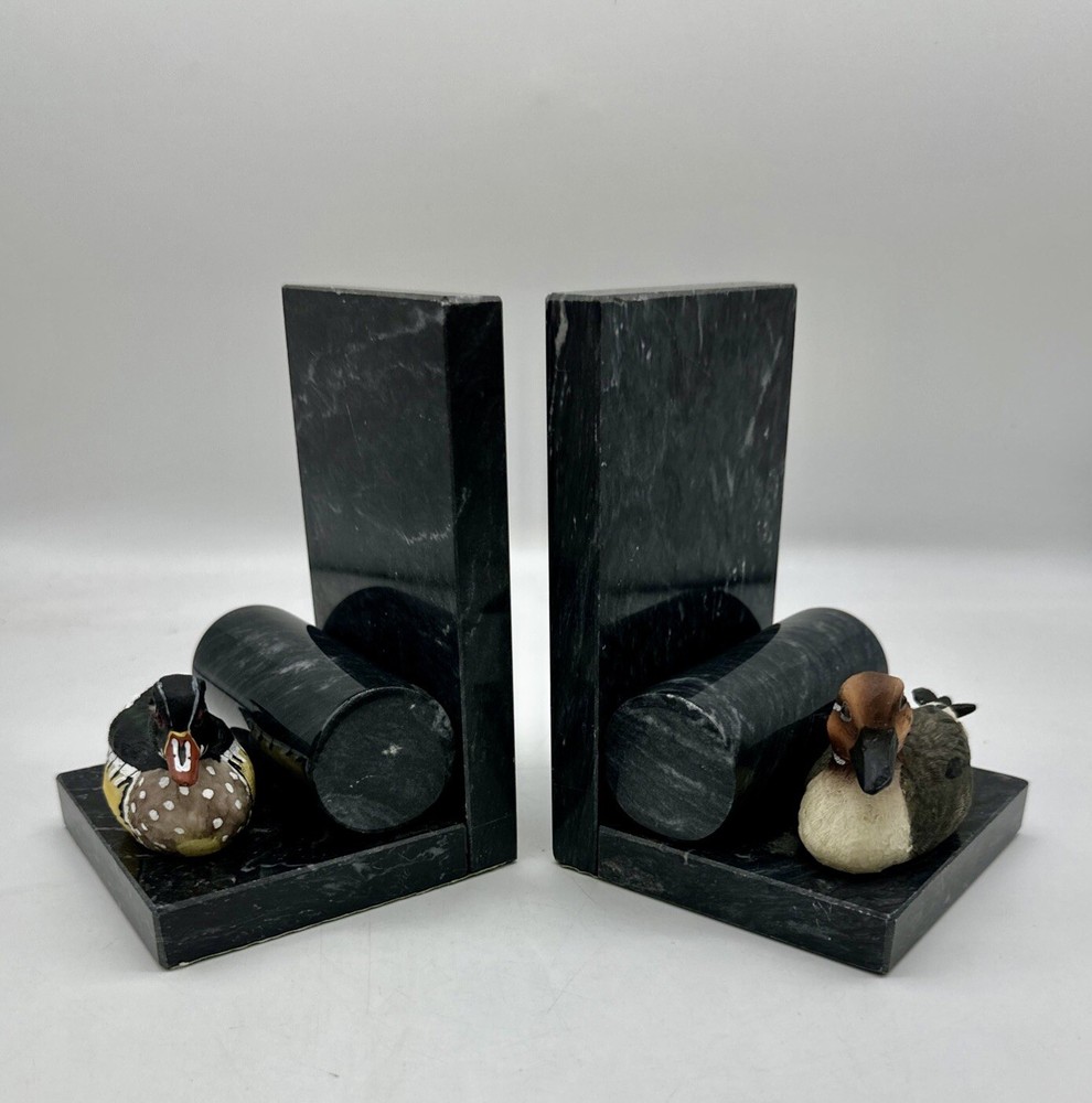 Bookends Mallard Ducks Dark Gray Marble with Farm House Chic Felt Bottom