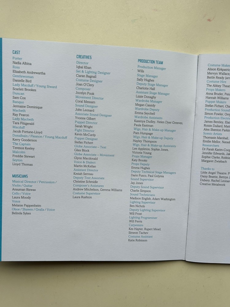 MACBETH Theatre Program GLOBE THEATRE