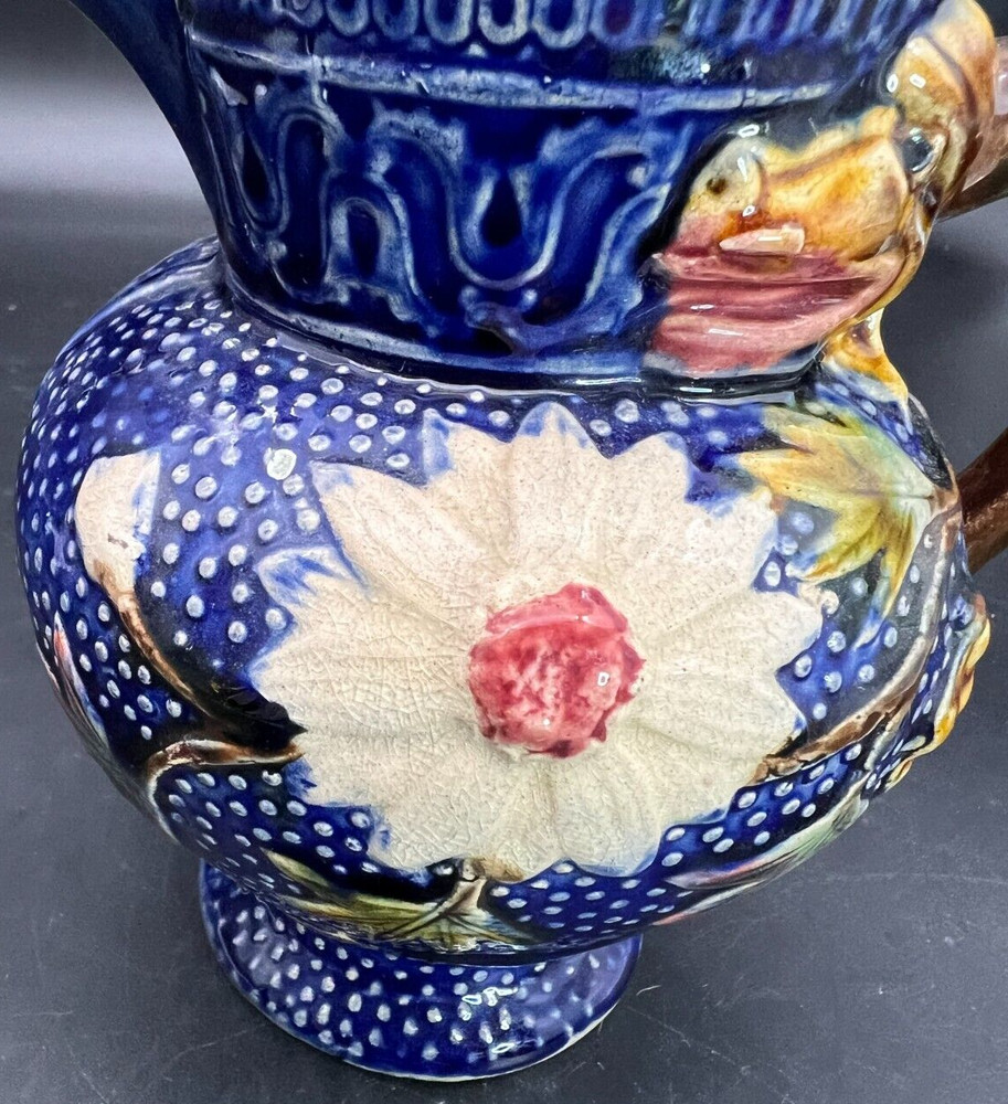 Majolica Cobalt Dragon Handle Flower Pitcher