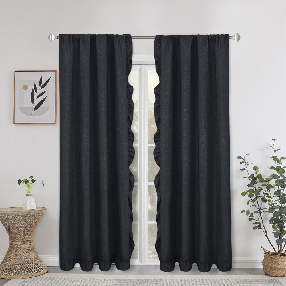 Linen Window Curtain 2 Panel Set, Rustic Style Decoration Ruffled Edge Tie Backs