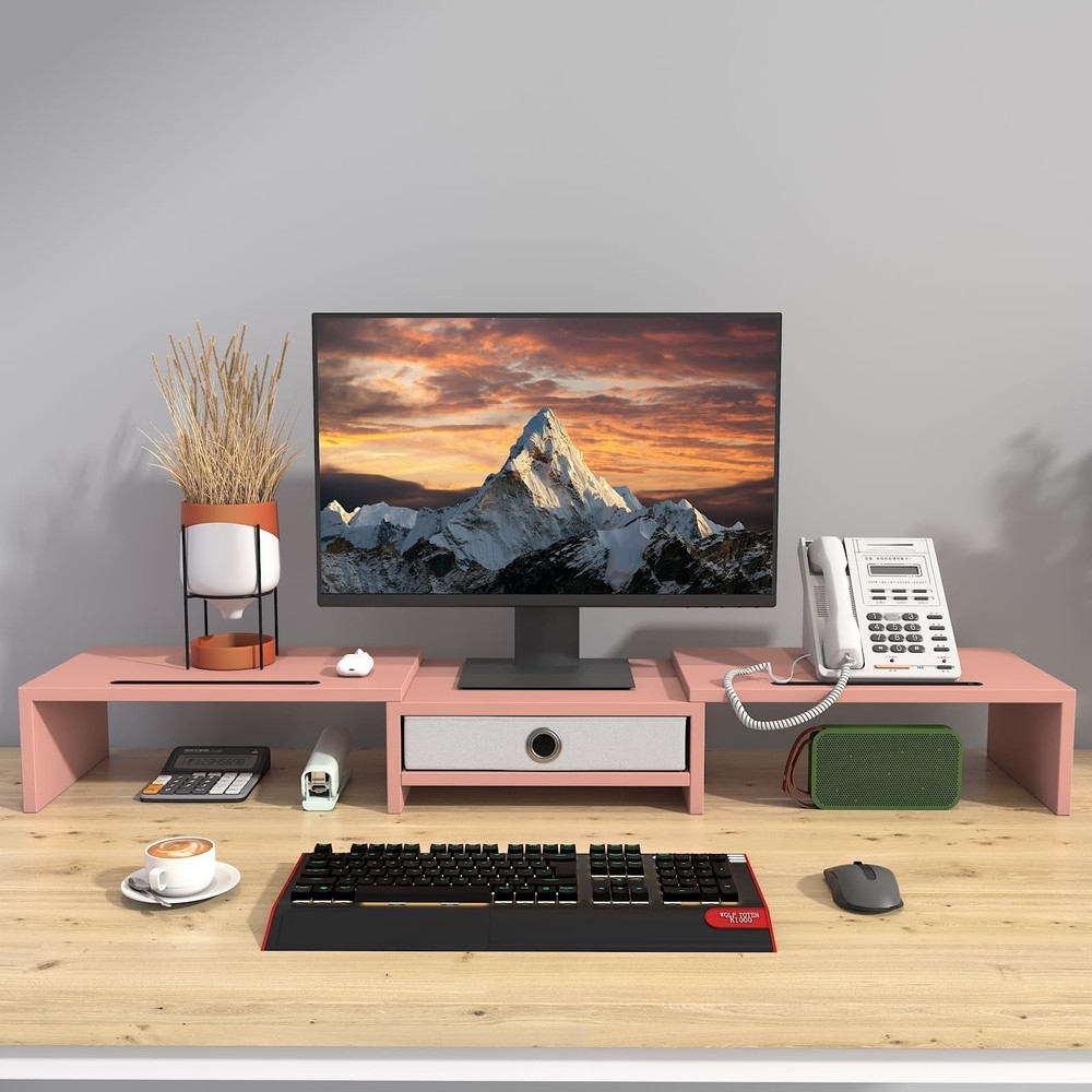 WESTREE Dual 3 Shelf Computer Riser with Drawer, Adjustable Length and Angle,...