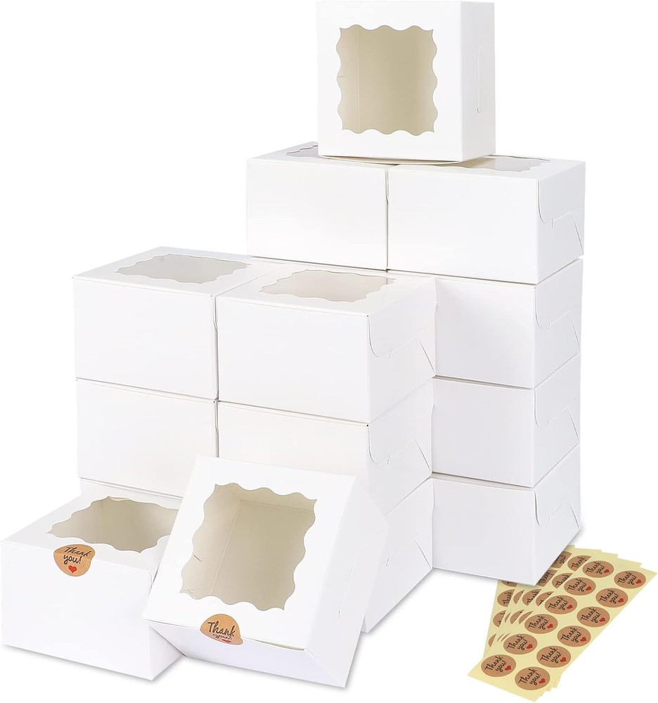 Moretoes 50pcs 4x4x2.5 Inches White Bakery Boxes with Window, Cookie