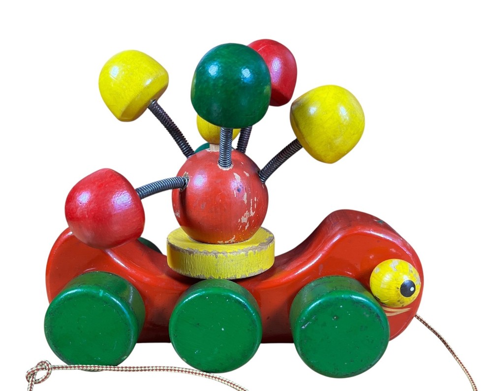 Walter Brand German Made Vtg Wooden Pull Toy Pull String Spinning Springs Color