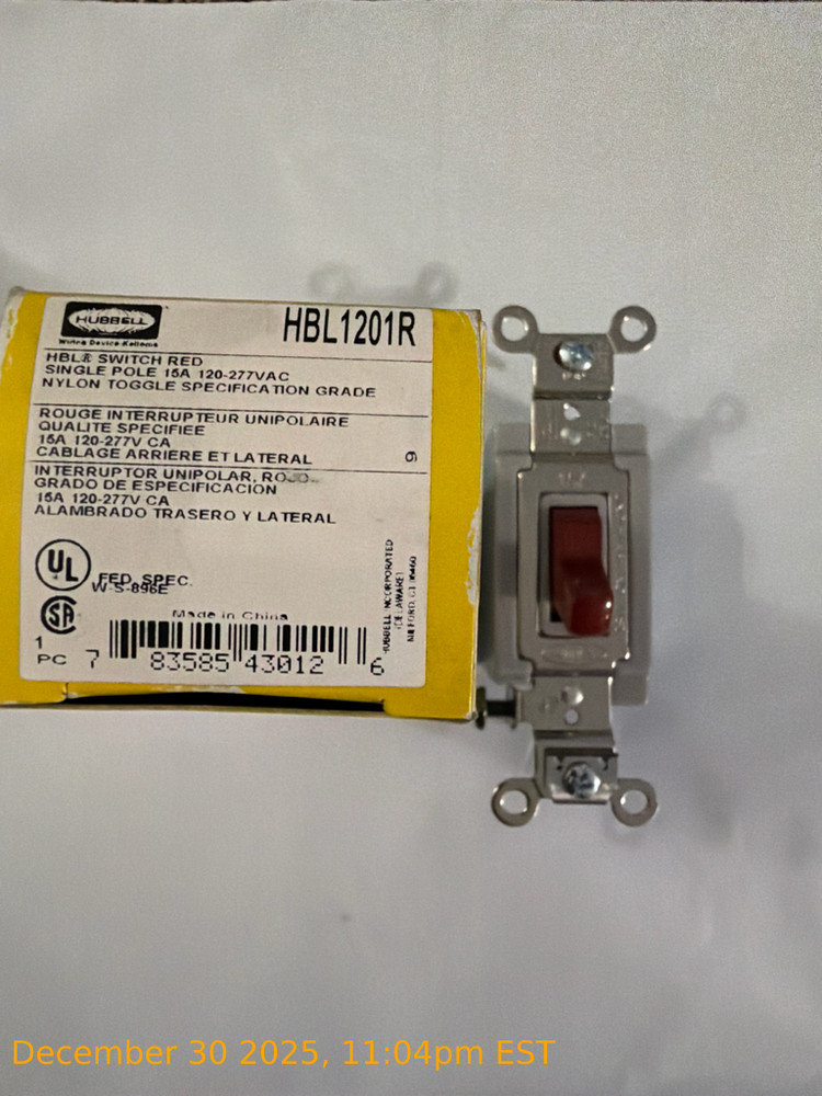 NEW Hubbell HBL1201R Switch Red Single Pole Nylon Toggle Specification Grade