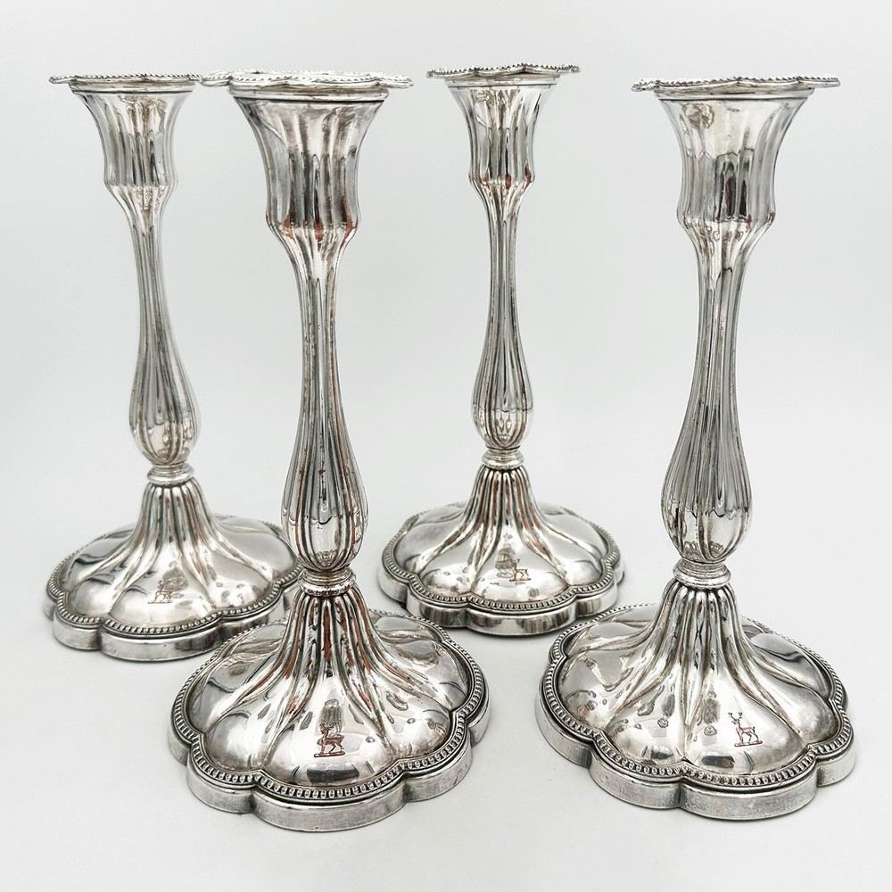 SET 4 CRESTED 9" CANDLESTICKS OLD SHEFFIELD PLATE VICTORIAN c1840 WALKER KNOWLES
