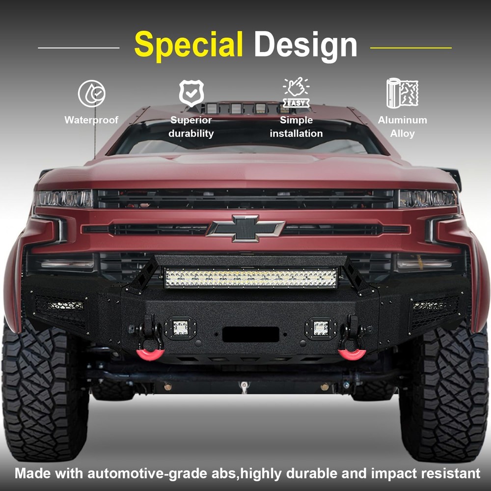 Front Bumper for 2019-2021 Silverado 1500 Winch Plate Sensor Hole LED D-Rings