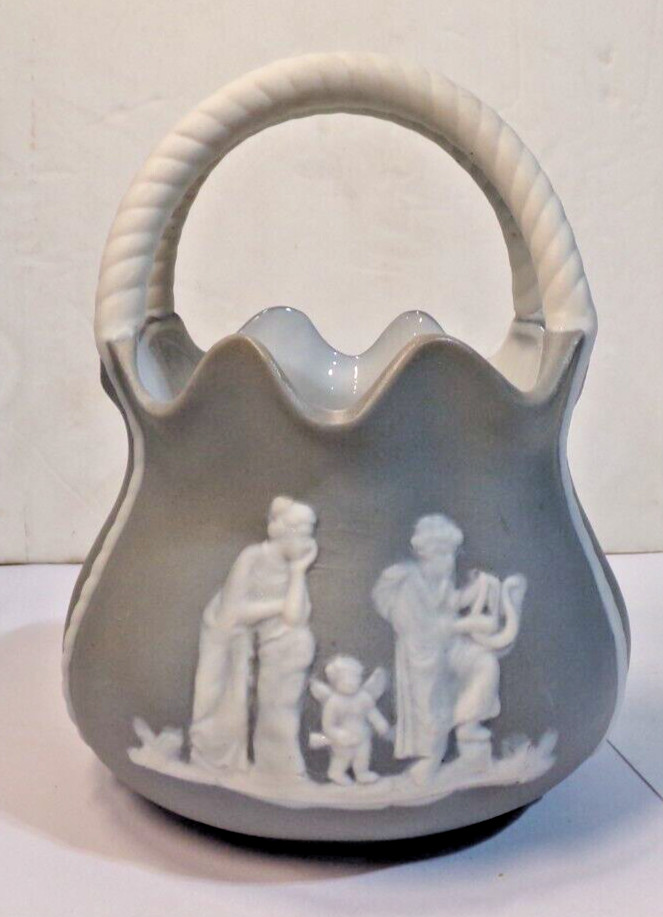 Vintage JASPERWARE Gray Basket Double Handle 5.75" tall unbranded