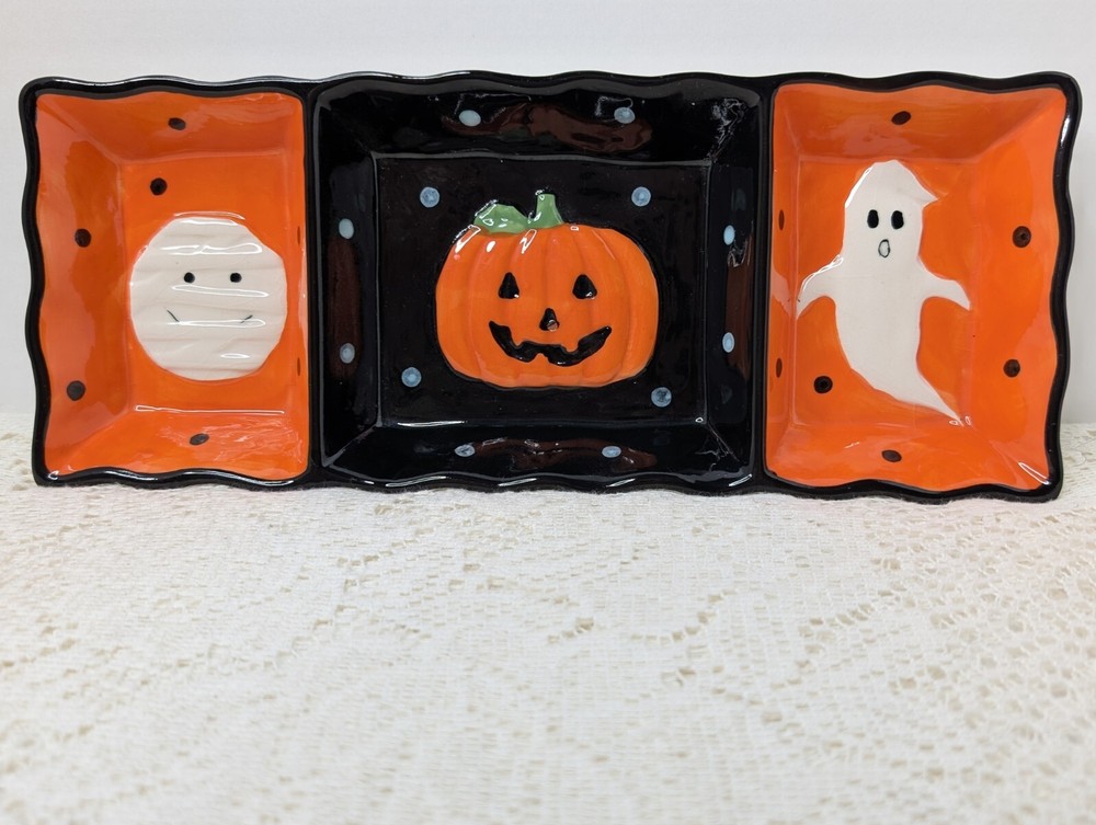 3 Section Serving Dish Halloween Tii Collections Ceramic Handmade Ghost Pumpkin