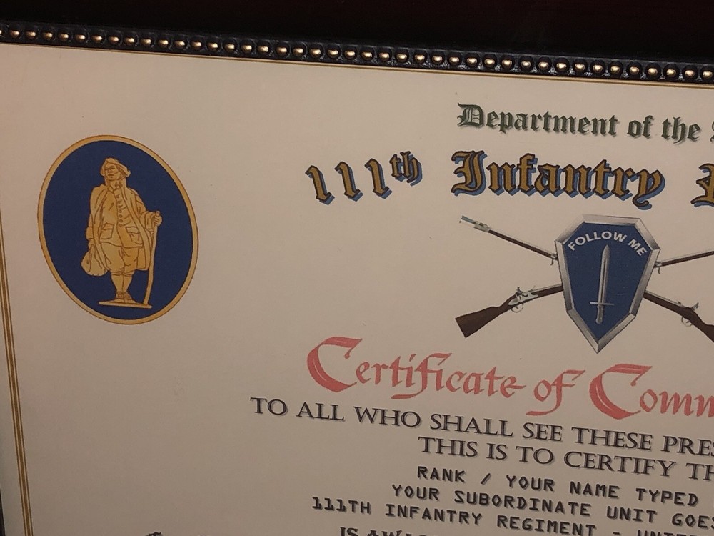 111TH INFANTRY REGIMENT / COMMEMORATIVE - CERTIFICATE OF COMMENDATION