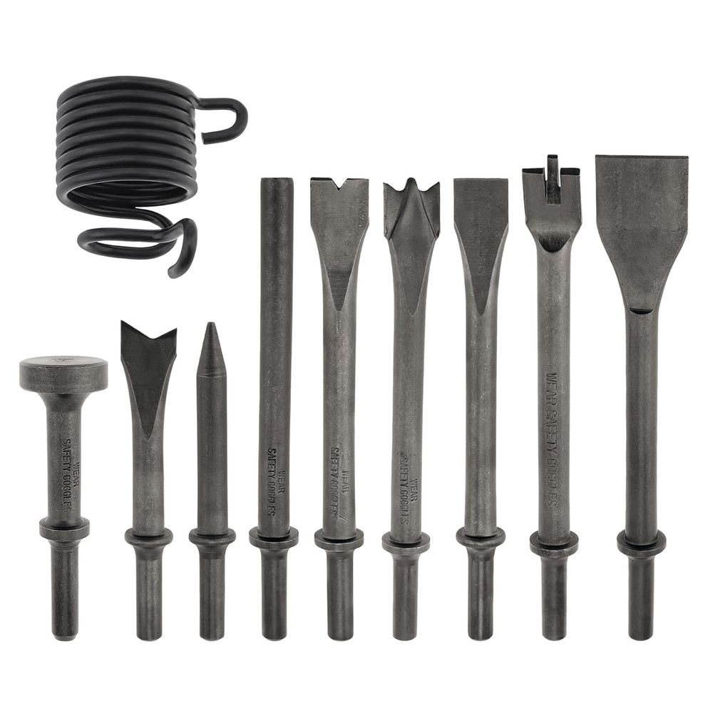 10pc Air Hammer Chisel Bit Set, 0.401’’ Shank, Extended, Spring, Auto Body Metal