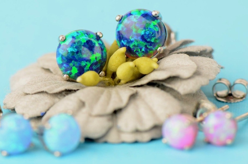 925 Sterling Silver Round Opal stud Earrings