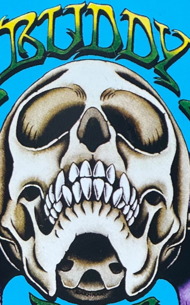 2005 Edger Buddy Carr Pool Skateboard Deck 9” x 32” Dipped Light Blue w/ Skull