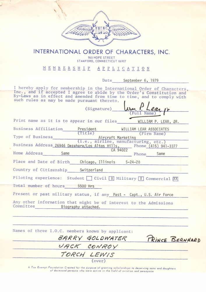 William P. Lear JR Pilot Signed Aviation Document