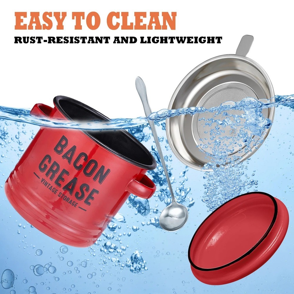 Bacon Grease Container with Strainer - Large 46OZ Red Kitchen Oil Storage Can...