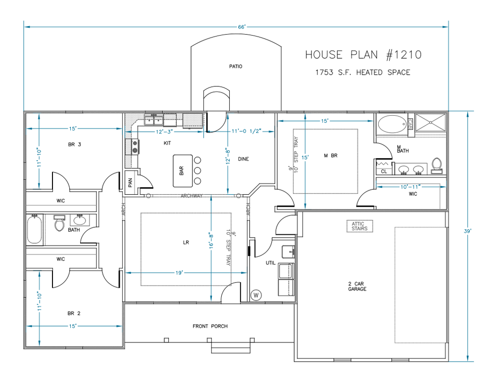 Ranch House Plans 1753 SF 3 Bed 2 Bath Open Floor Split BR (Blueprints) #1210