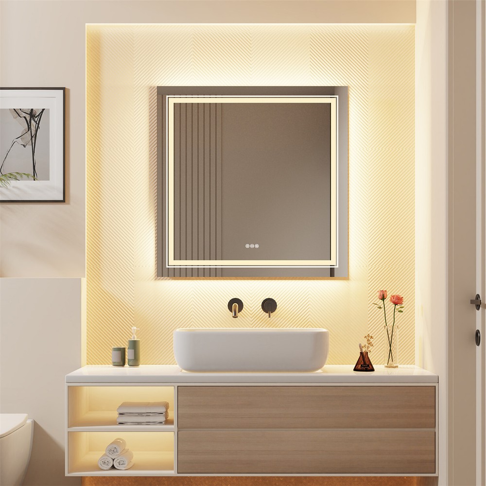 Double LED Bathroom Mirror 32x32 with Lights Defog Stepless Dimmable Wall Mirror