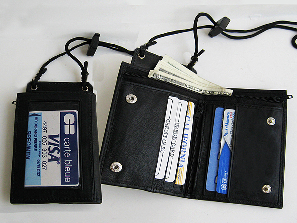 RFID Blocking Leather ID Card Holder Neck Strap Travel Work Pouch Wallet