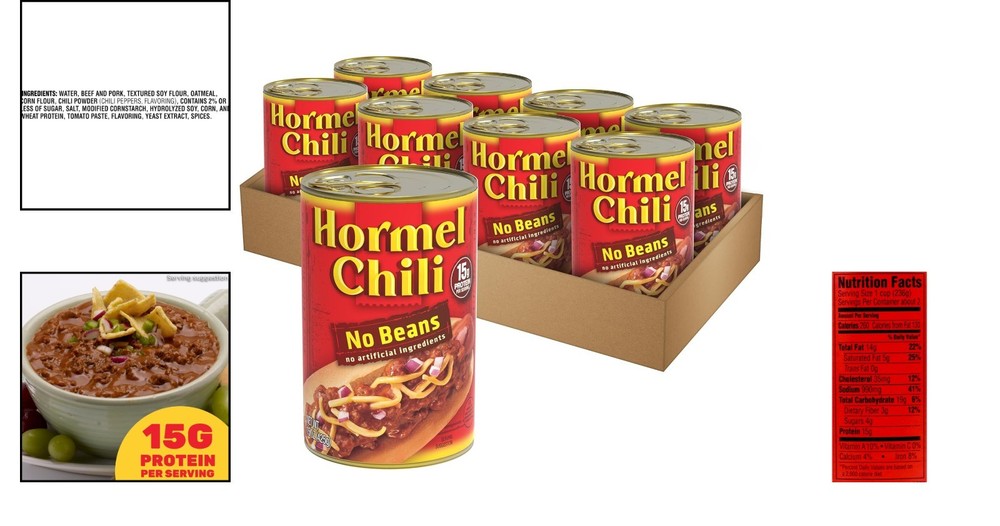 Convenient 8 Pack Hormel Chili No Beans 15 Oz - Easy-Pull Can for Quick Meals