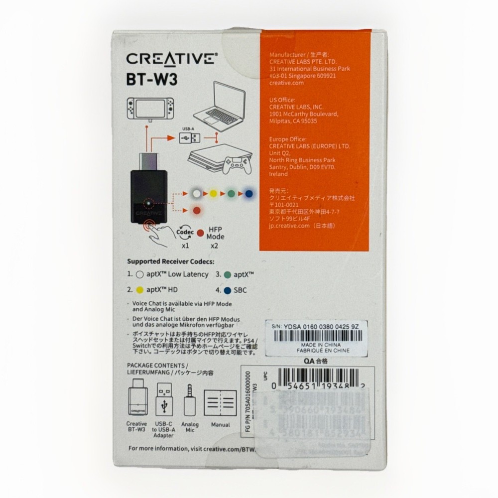Creative BT‑W3 USB‑C Bluetooth 5.0 Transmitter – aptX LL & HD, Mic, Plug & Play