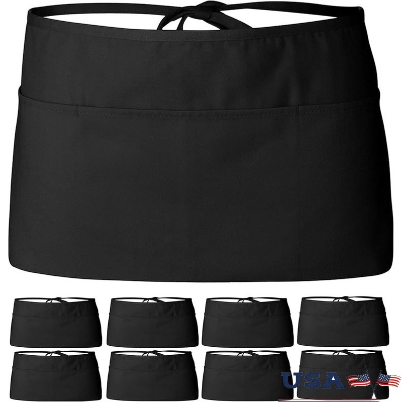 Durable Waist Apron 12 Pack 3 Pocket Adjustable Kitchen Serving Cleaning Utility