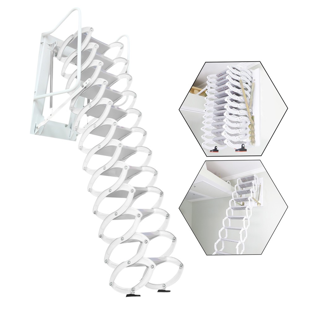 White Attic Ladder Loft Wall Folding Stairs 10.1ft Side-Mounted Pull Down Ladder