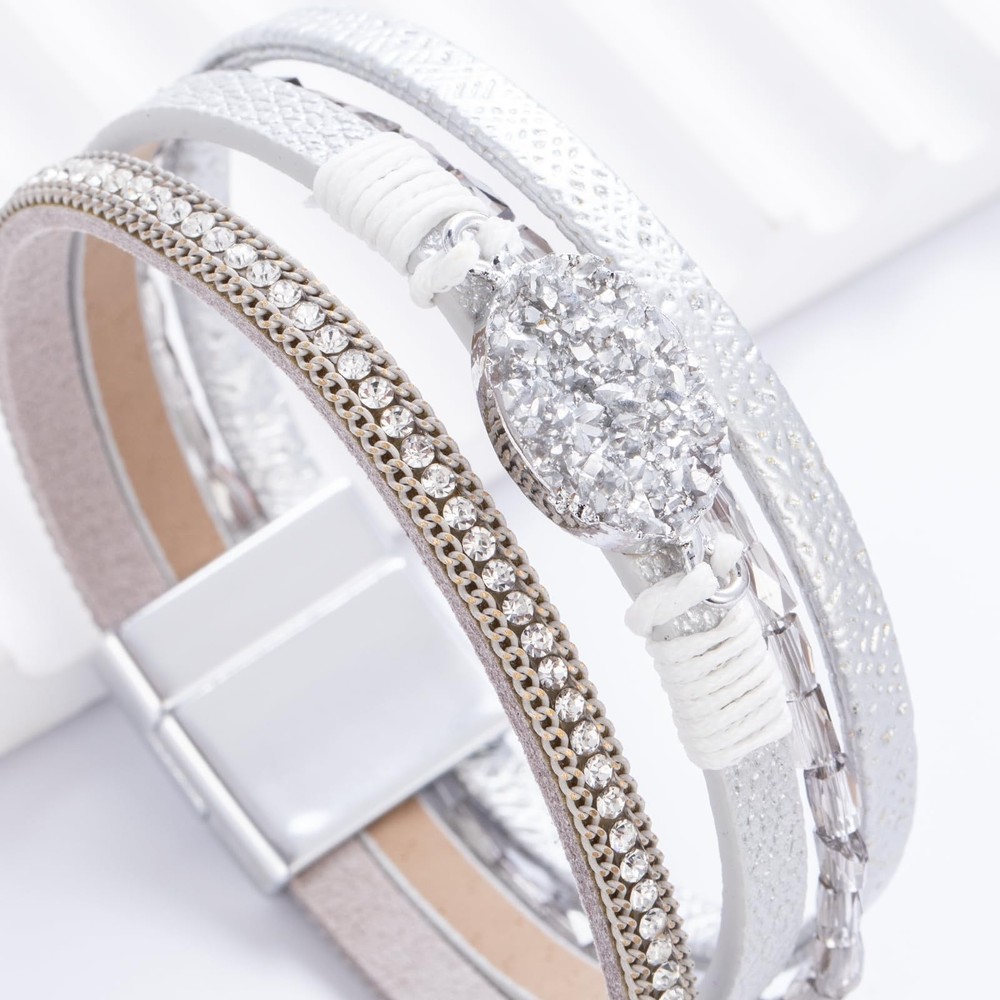 FANCY SHINY Boho Leather Wrap Bracelet Stackable Chunky Crystal Cuff Bracelet...