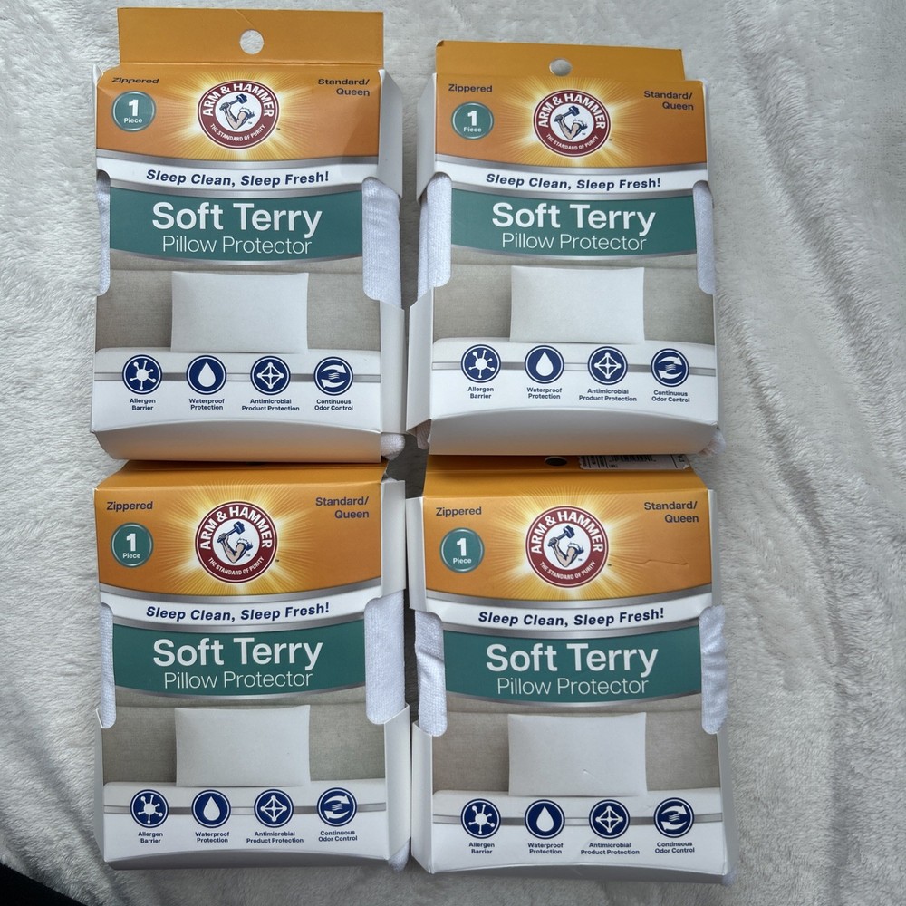 Arm & Hammer Waterproof Pillow Protector 4 Pack Terry Zipper Std Queen