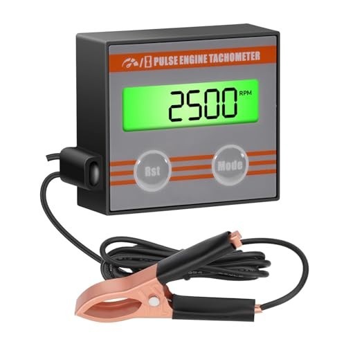 Inductive Digital Engine Tachometer with Clip - Mini Gauge, Hour Meter & Backlig