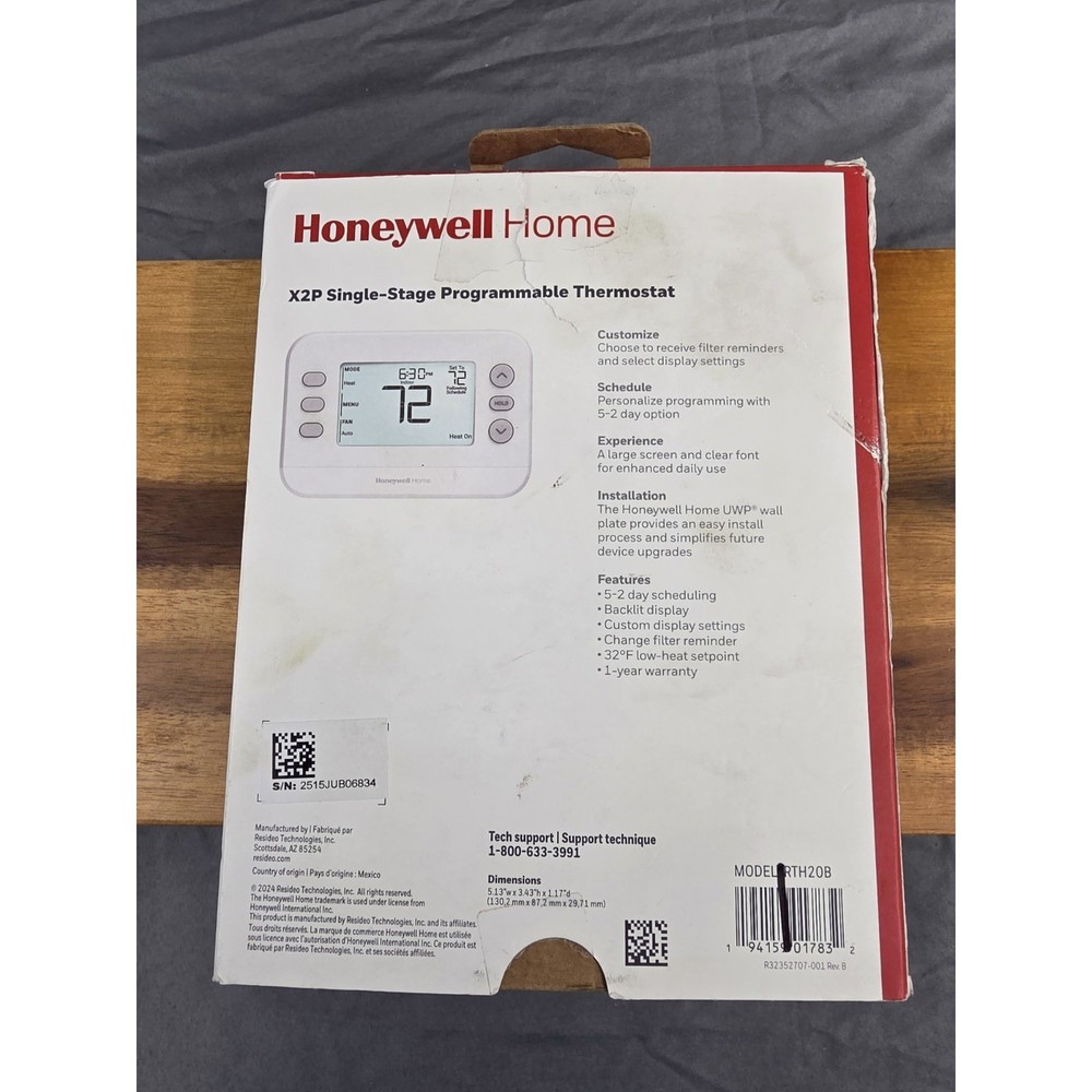 Honeywell Home X2P Programmable Thermostat Single-Stage RTH20B Open Box