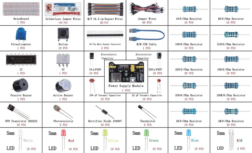 37 Values 480 Pcs Electronics Component Fun Kit with Power Supply Module Jump...