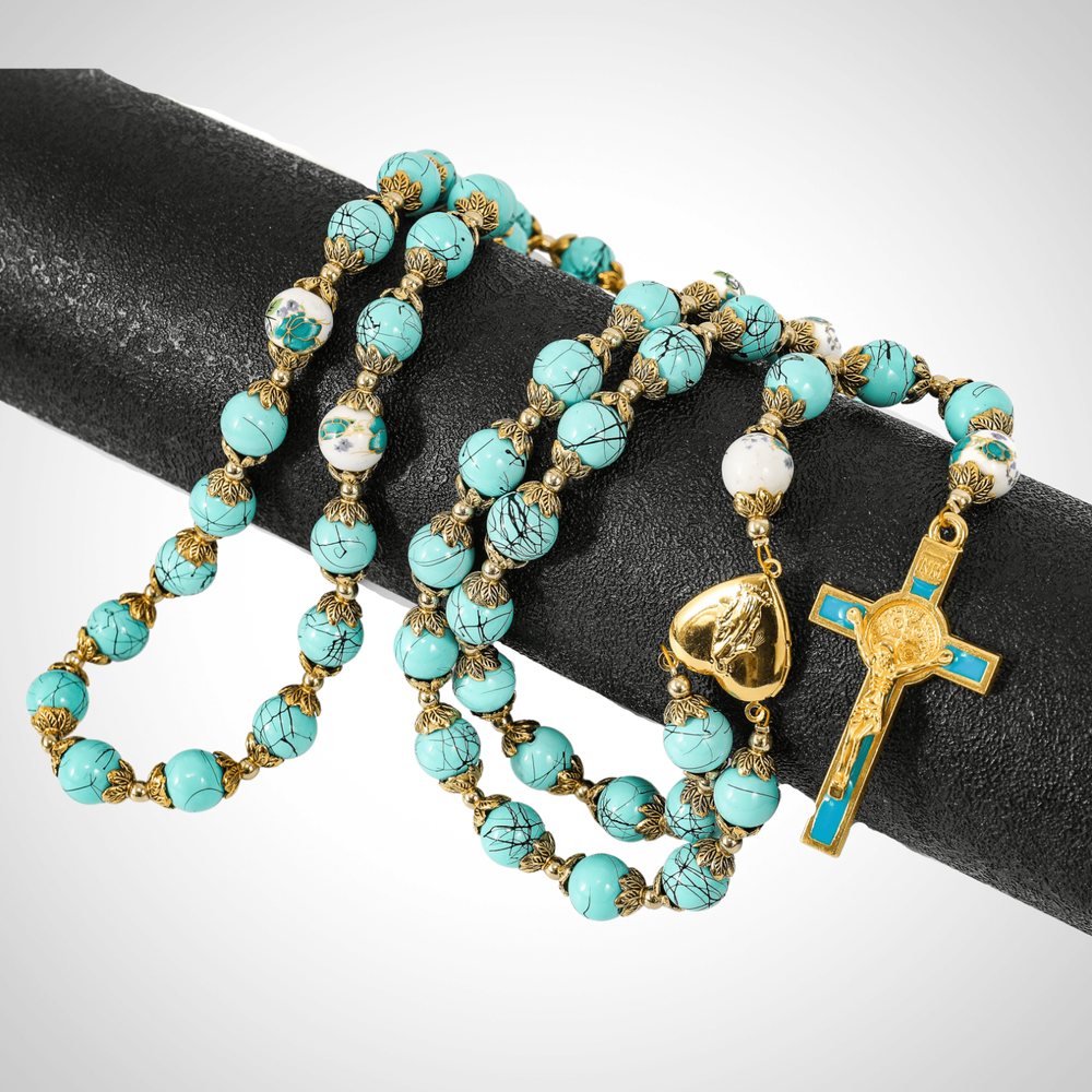 St. Benedict Turquoise Rosary Beads Catholic Necklace Flowers Mystery Beads