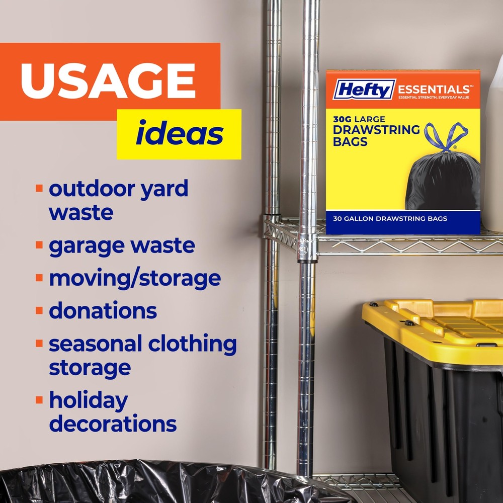Hefty Essentials Drawstring 30 Gallon Trash Bags 56 Count Bulk Black Garbage